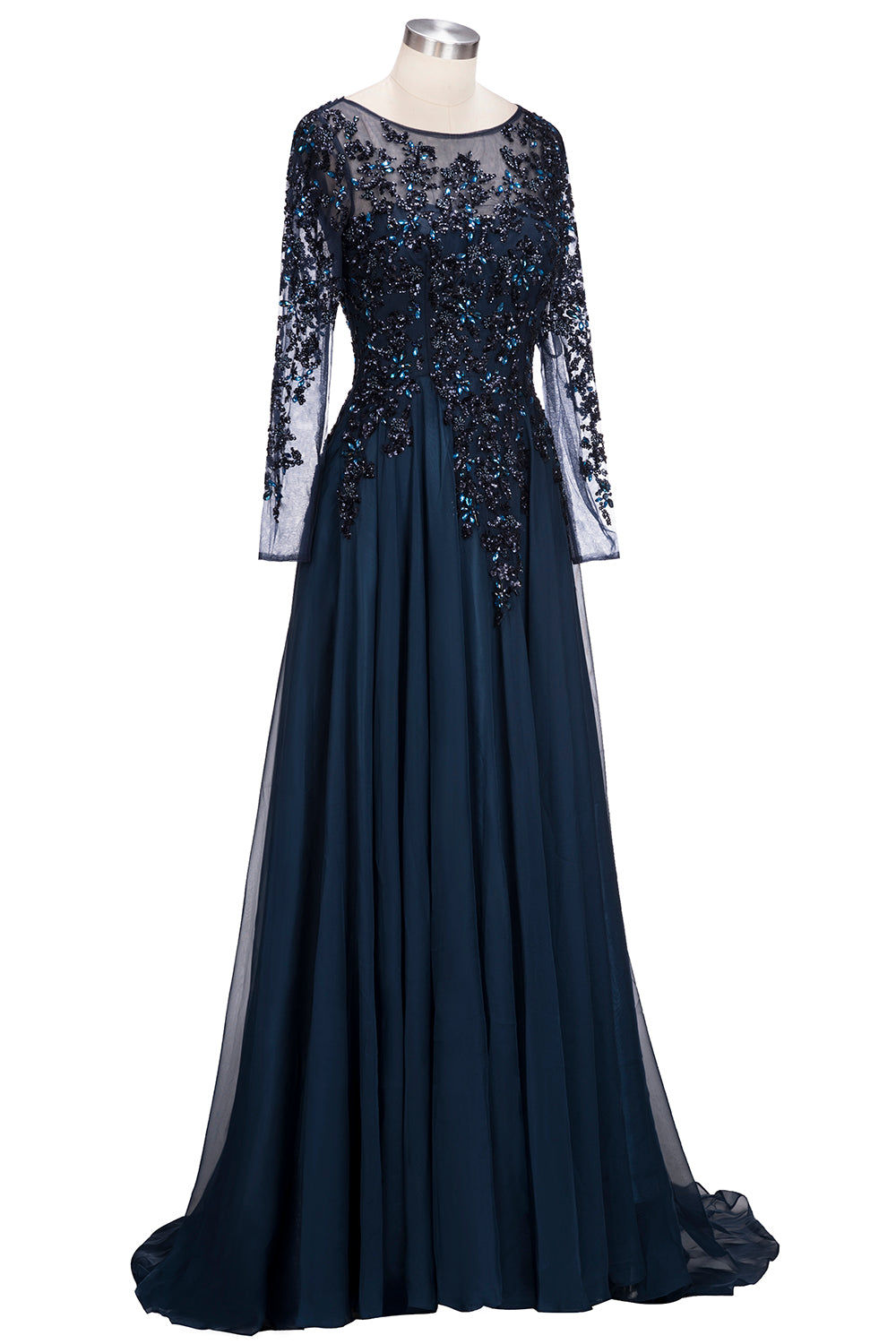 Long A-line Floor Length Tulle Lace Formal Evening Dresses with Sleeves