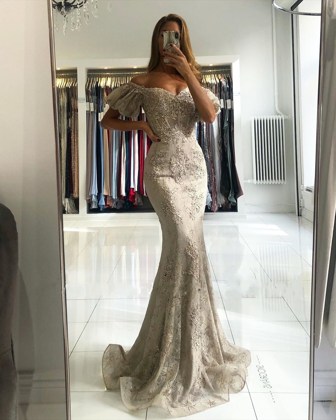 Long Mermaid Off the Shoulder Lace Prom Dress with Puffy Sleeves