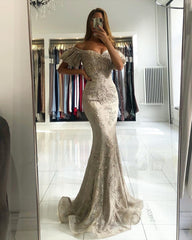 Long Mermaid Off the Shoulder Lace Prom Dress with Puffy Sleeves