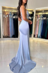 Long Mermaid V-Neck Spaghetti Straps Sleeveless Split Front Backless Prom Dresses