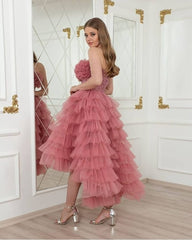 Strapless Backless Tulle Ruffles A-Line High Low Party Dress With Sash