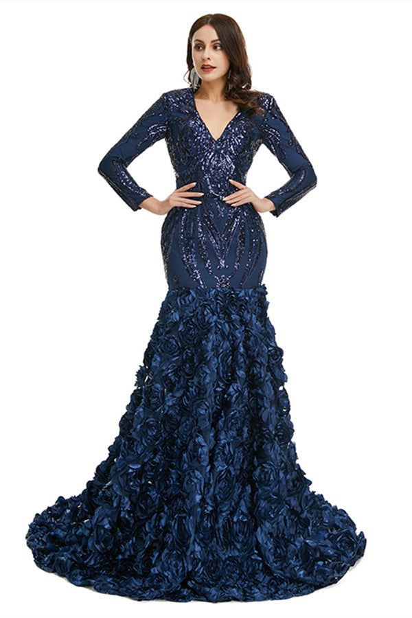 Charming Long Mermaid V-neck Satin Lace Formal Dress with Sleeves