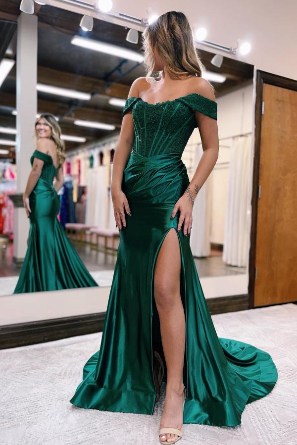 Black Long Mermaid Off the Shoulder Satin Lace Prom Dresses with Slit