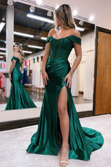 Black Long Mermaid Off the Shoulder Satin Lace Prom Dresses with Slit