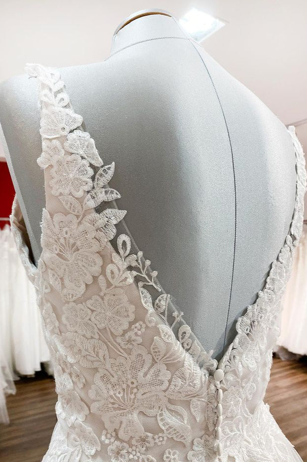 Elegant Long A-line Tulle V Neck Lace Ruffles Open Back Wedding Dresses
