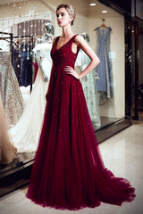 A-line V-neck Sleeveless Burgundy Sequins Tulle Long Evening Dresses