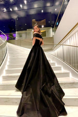 Black A-Line Off the Shoulder Satin Long Prom Dress with Slit