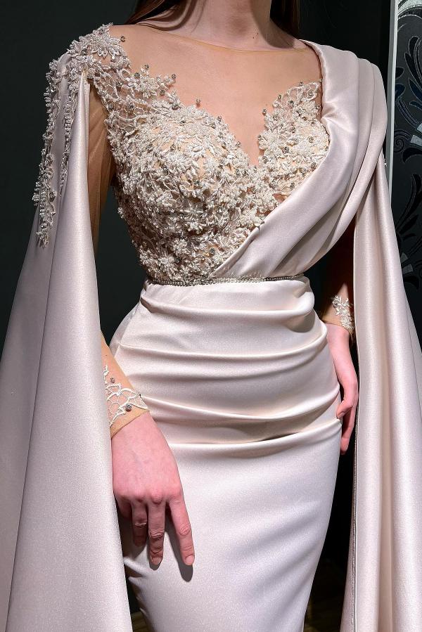Long Sleeves Mermaid Ruched Satin Beads Formal Evening Dress with Cape