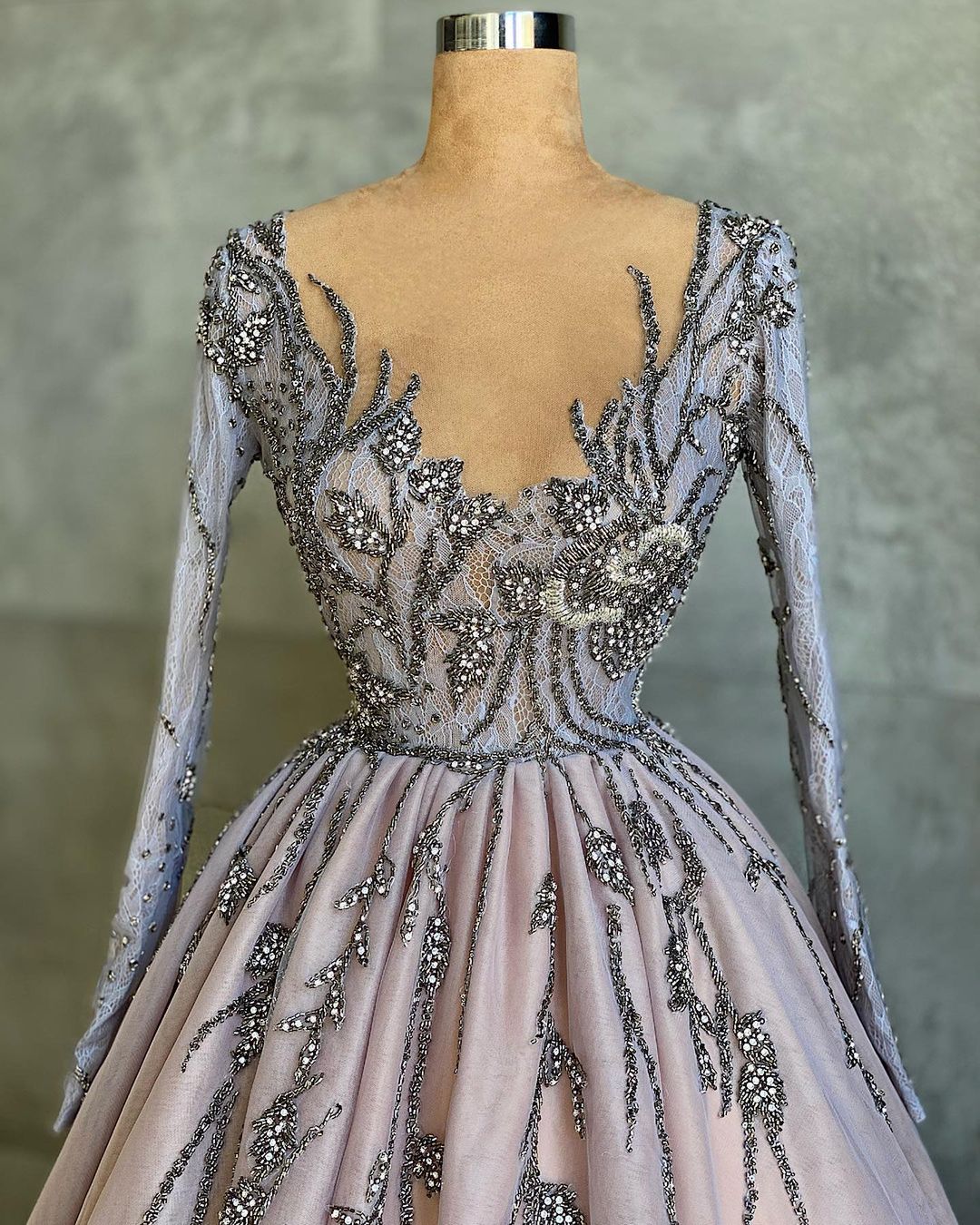 Long V-neck Beading Ruffles Tulle Prom Dress with Sleeves