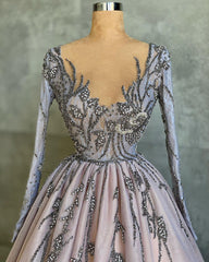Long V-neck Beading Ruffles Tulle Prom Dress with Sleeves
