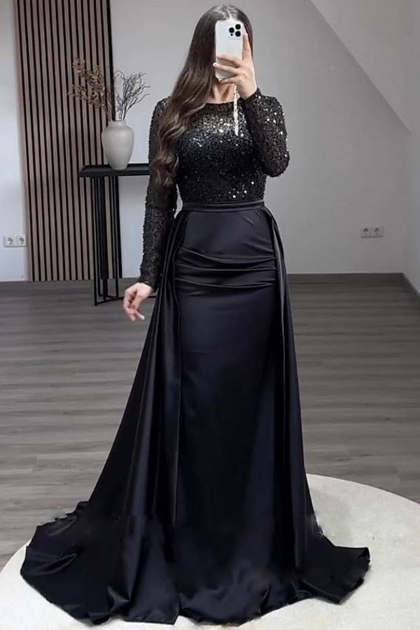 Elegant Long Mermaid Satin Sequined Formal Evening Dresses with Sleeves