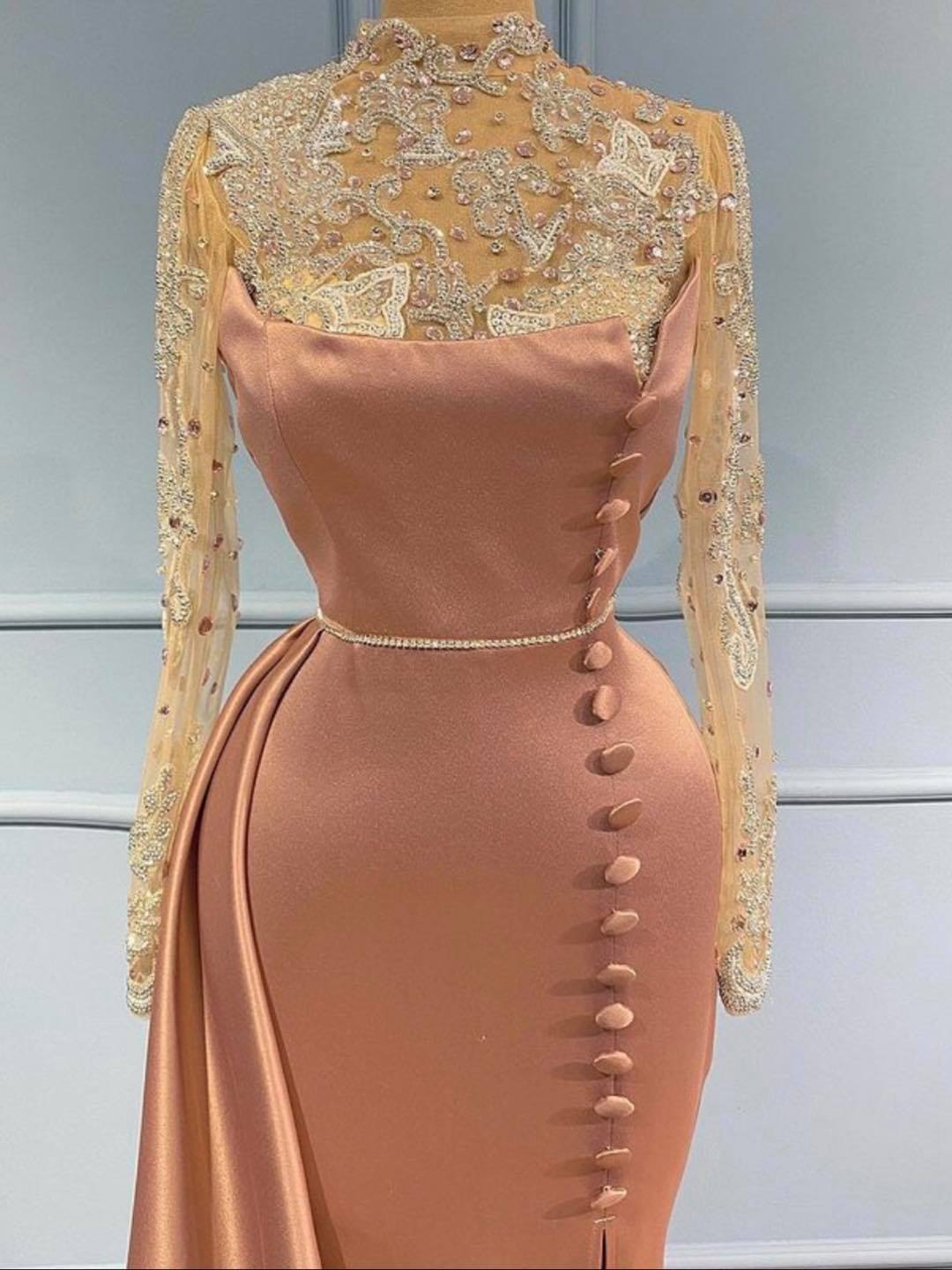 Mermaid High Neck Side Slit Long Sleeves Prom Dress with Lace Appliques