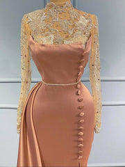 Mermaid High Neck Side Slit Long Sleeves Prom Dress with Lace Appliques