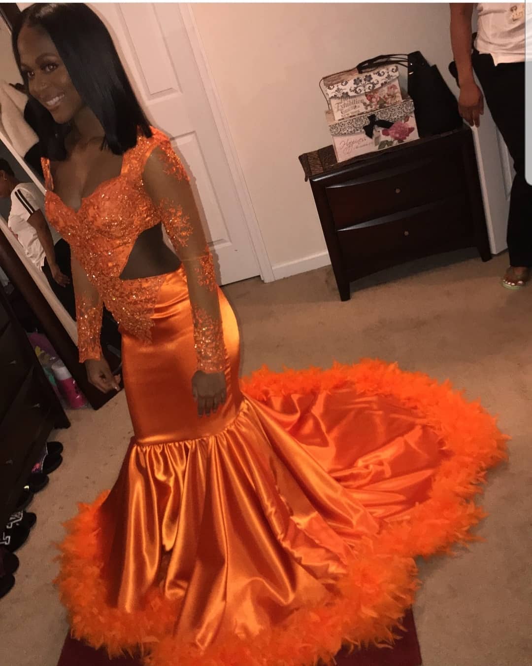 Long Mermaid V-neck Tulle Satin Prom Dress with Sleeves