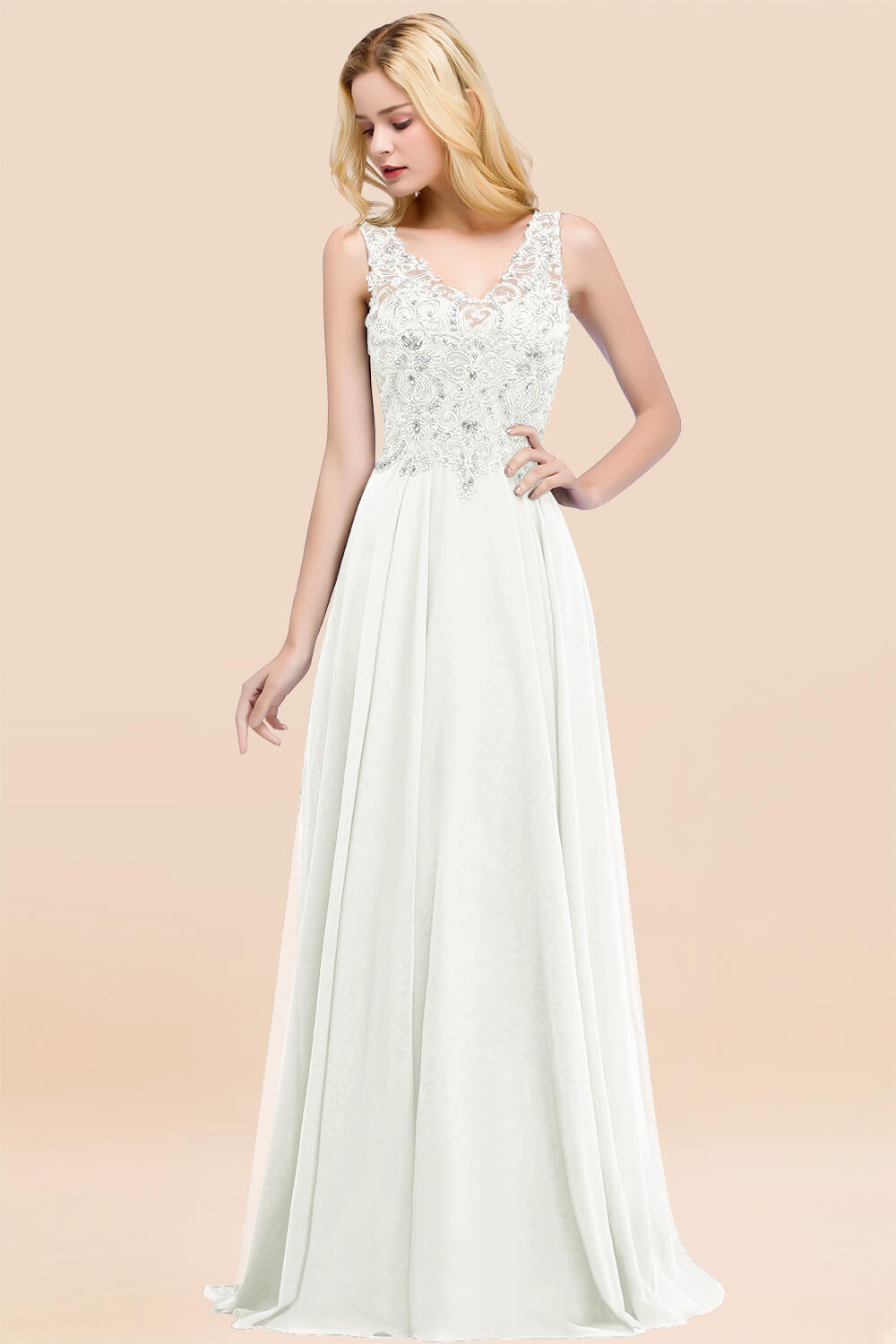 A-line Chiffon Appliques V-neck Sleeveless Floor Length Bridesmaid Dresses with Crystals