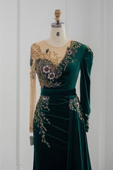 Dark Green Long Mermaid Velvet Tulle Formal Evening Dresses with Sleeves
