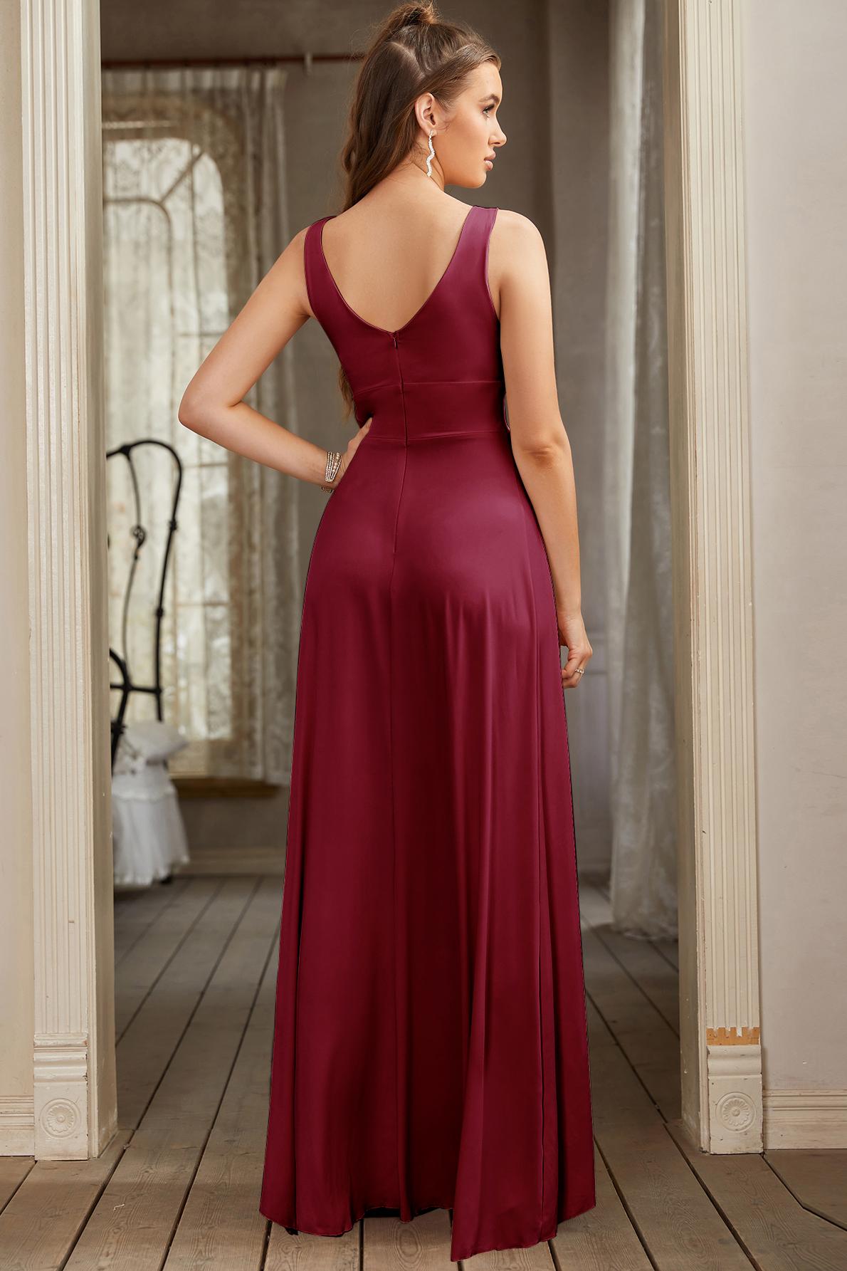 Dark Navy Long V-Neck Ruffle Chiffon Bridesmaid Dress with Split