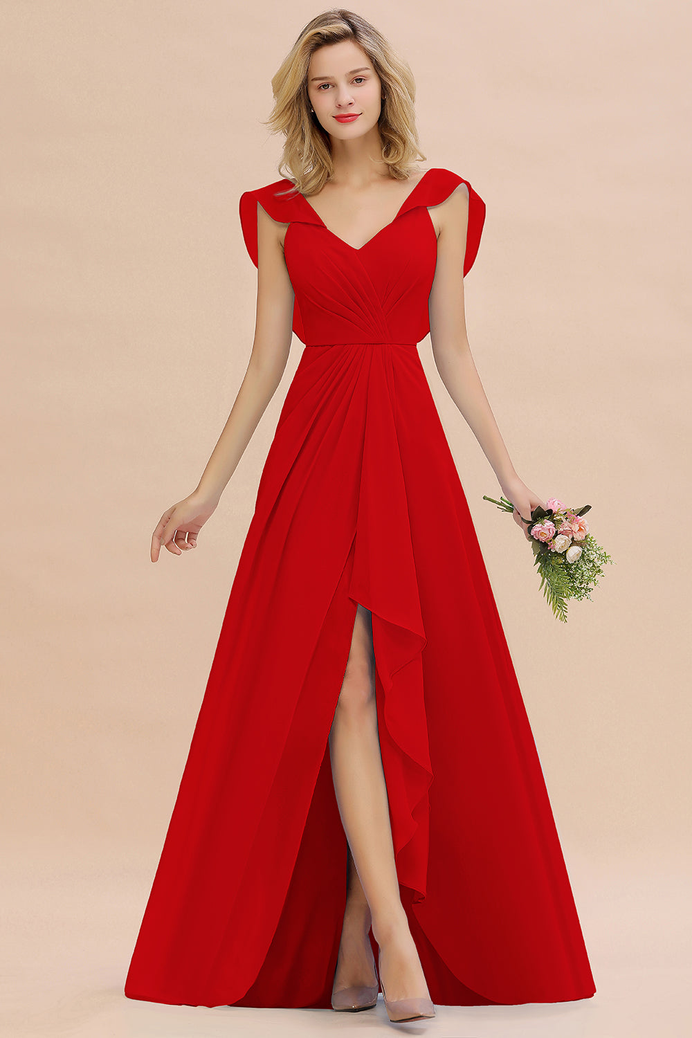 Simple High Low A-line V-Neck Ruffles Chiffon Bridesmaid Dress