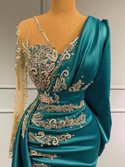 Long Mermaid V-neck Satin Fomral Evening Dress with Sleeves