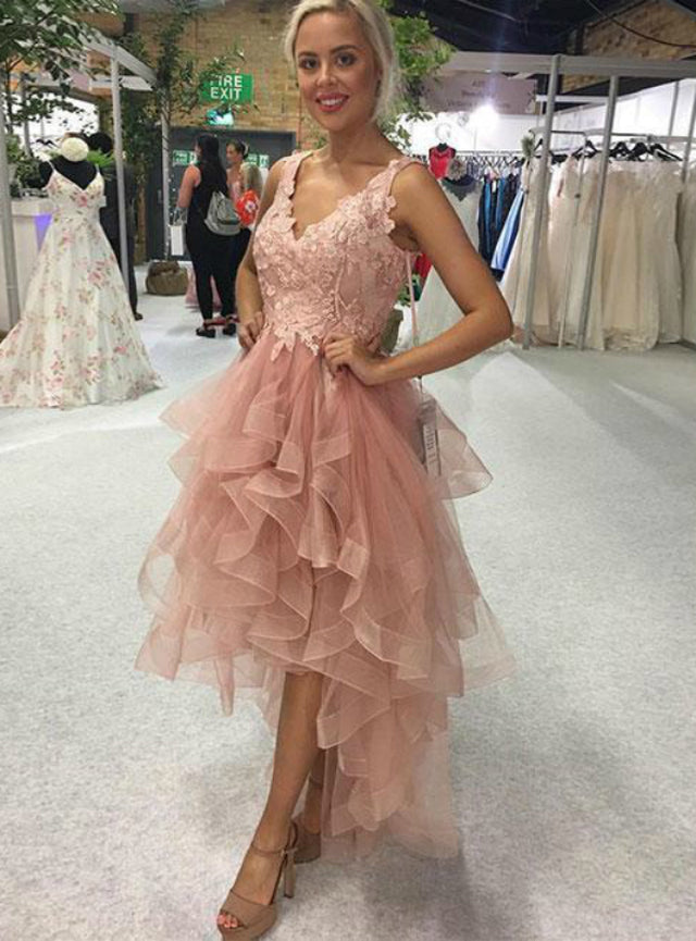 Elegant A-line V-neck Backless Appliques Lace Tulle High Low Prom Dress