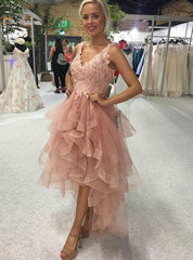 Elegant A-line V-neck Backless Appliques Lace Tulle High Low Prom Dress