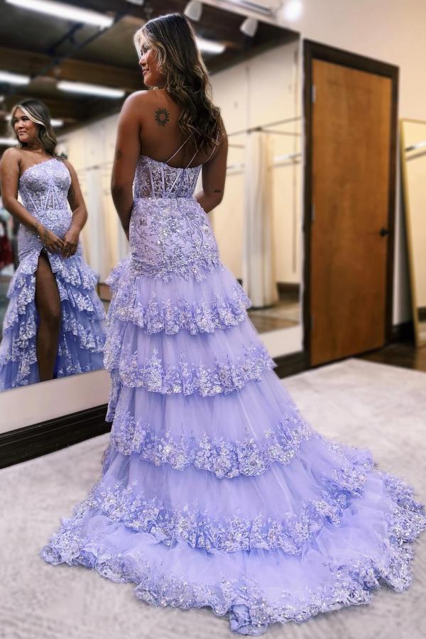 Long Mermaid One Shoulder Sleeveless Appliques Lace Tulle Lace Prom Dresses with Slit