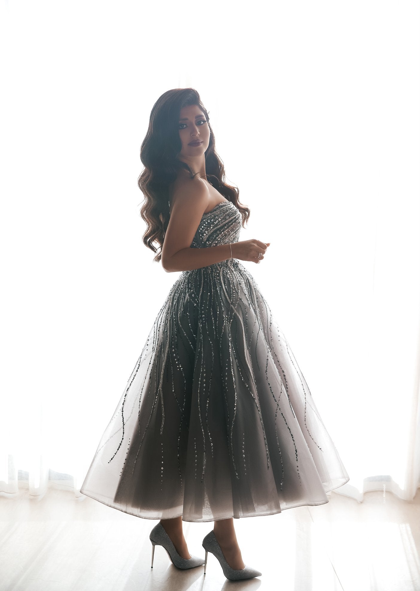 Glitter Short A-line One Shoulder Tulle Formal Party Dress with Sleeves