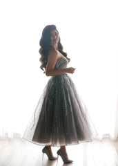 Glitter Short A-line One Shoulder Tulle Formal Party Dress with Sleeves