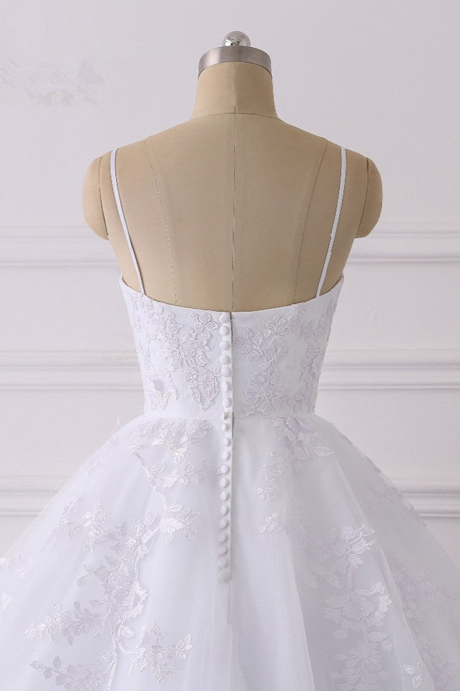 Glamorous Long Ball Gown Spaghetti Straps V-Neck Tulle Wedding Dress with Appliques Lace