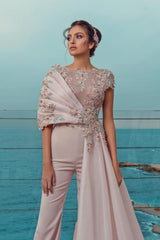 Short Sleeves Jumpsuit Evening Dress Long Prom Dress with Train