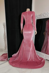 Mermaid V-neck Long Sleeves Velvet Formal Evening Dresses with High Split