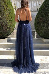 Sexy Long Spaghetti Straps V-neck Open Back A-line Sequins Tulle Prom Dress