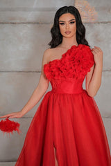 Simple Long A-line One Shoulder Tulle Formal Prom Dresses with Slit