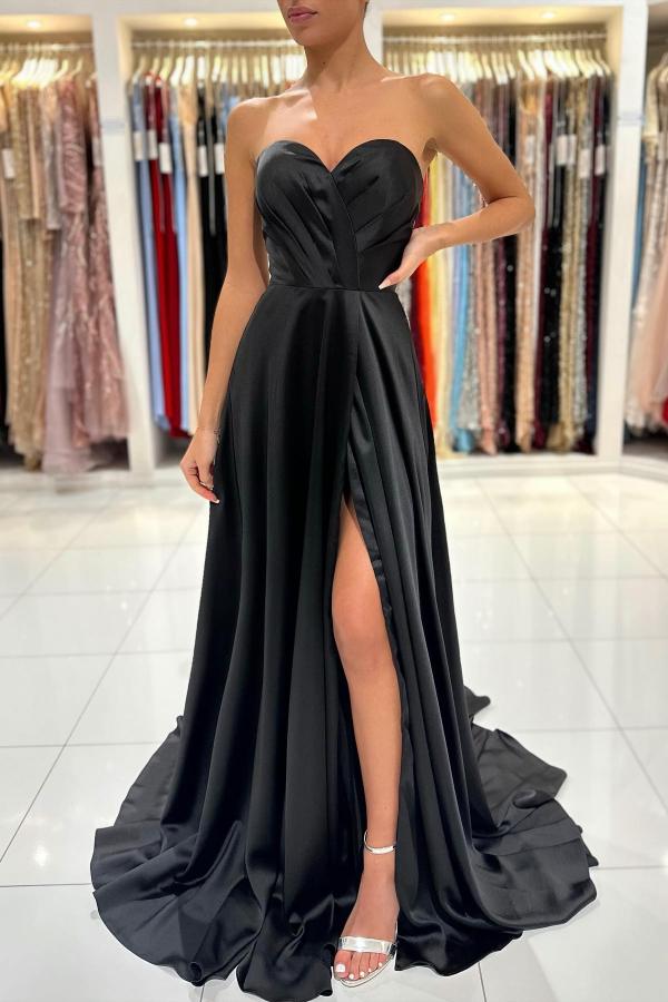 Simple Black Long A-line Sweetheart Satin Prom Dress with Slit