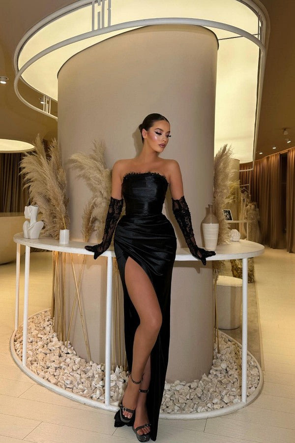 Simple Black Long Mermaid Strapless Satin Formal Prom Dresses with Slit