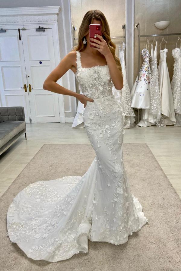 Long Mermaid Square Neck White Lace Wedding Dresses with Detachable Train