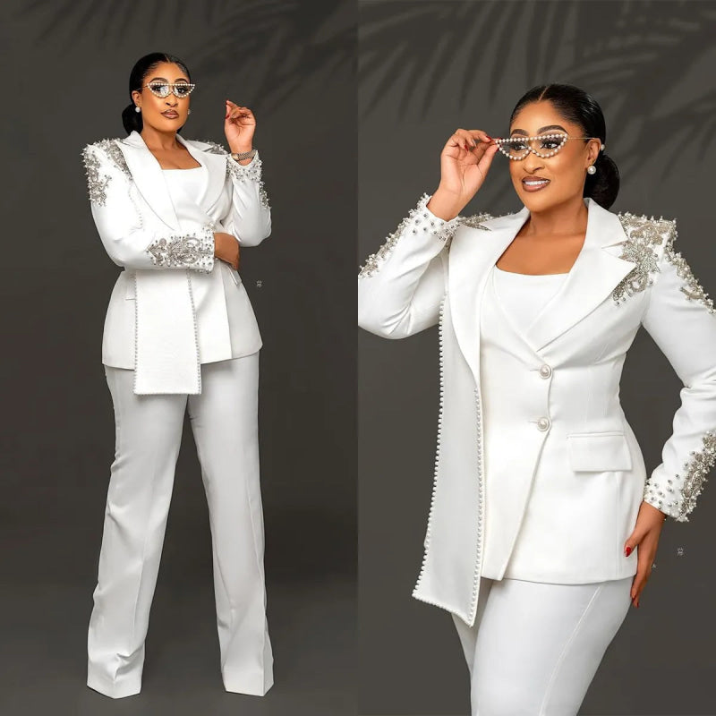 Costume Made Peaked Beaded Women's Business Blazer Pant Suit Set Mother Of The Bride Outfits