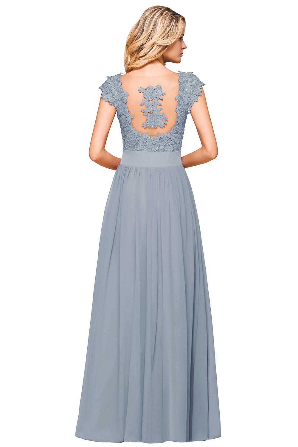 Dusty Blue Long A-line Cap sleeves Lace Bridesmaid Dresses with Appliques