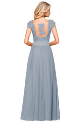 Dusty Blue Long A-line Cap sleeves Lace Bridesmaid Dresses with Appliques