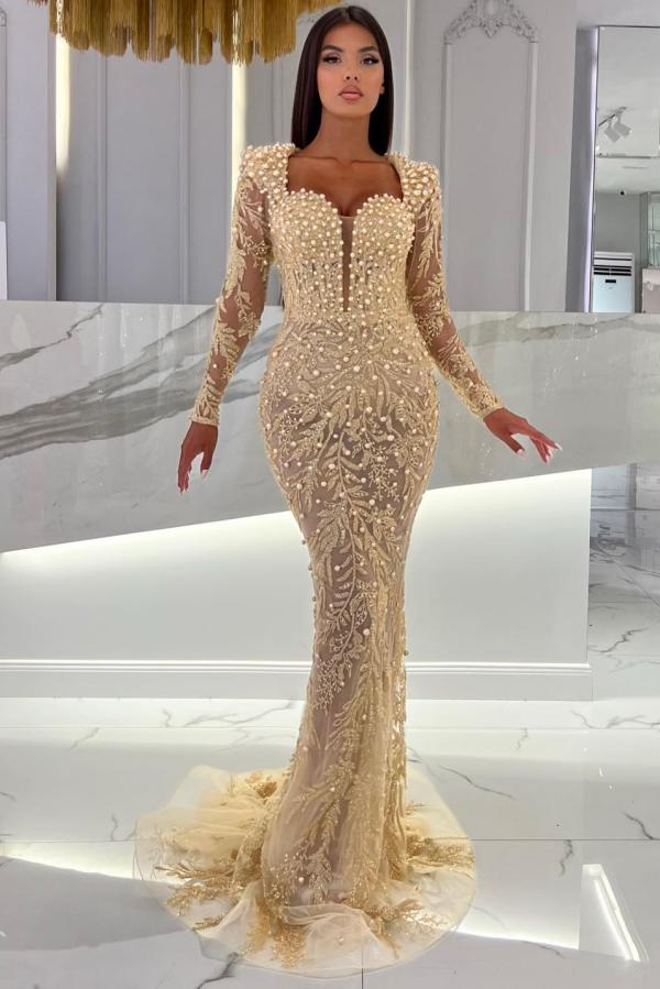 Mermaid Long Sleeves Sweetheart Tulle Prom Dress with Detachable Train