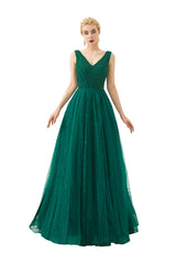 Long V-neck Tulle A-line Sequin Burgundy Formal Dresses