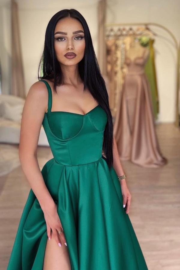 Green Long A-line Sweetheart Satin Front Split Prom Dresses