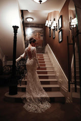 Unique Long Sleeve High Neck Appliques Lace Backless Mermaid Wedding Dress