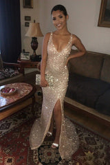 Glitter Long Mermaid V-neck Sequined Prom Dress with Slit