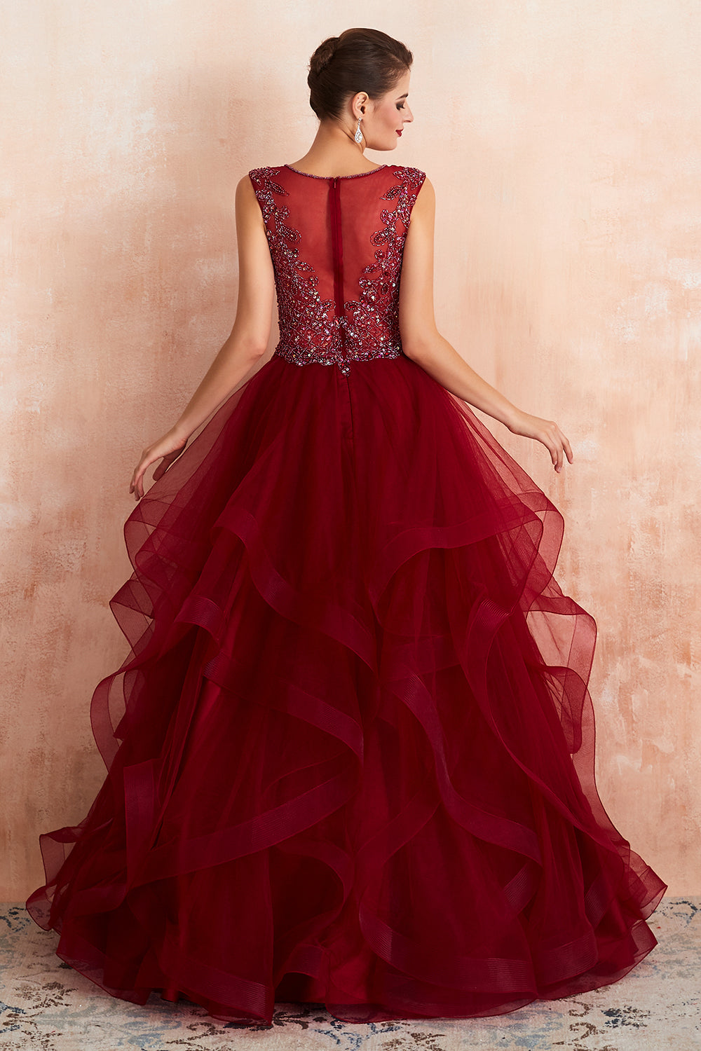 Long V-neck Tulle A-line Beaded Burgundy Formal Evening Dresses