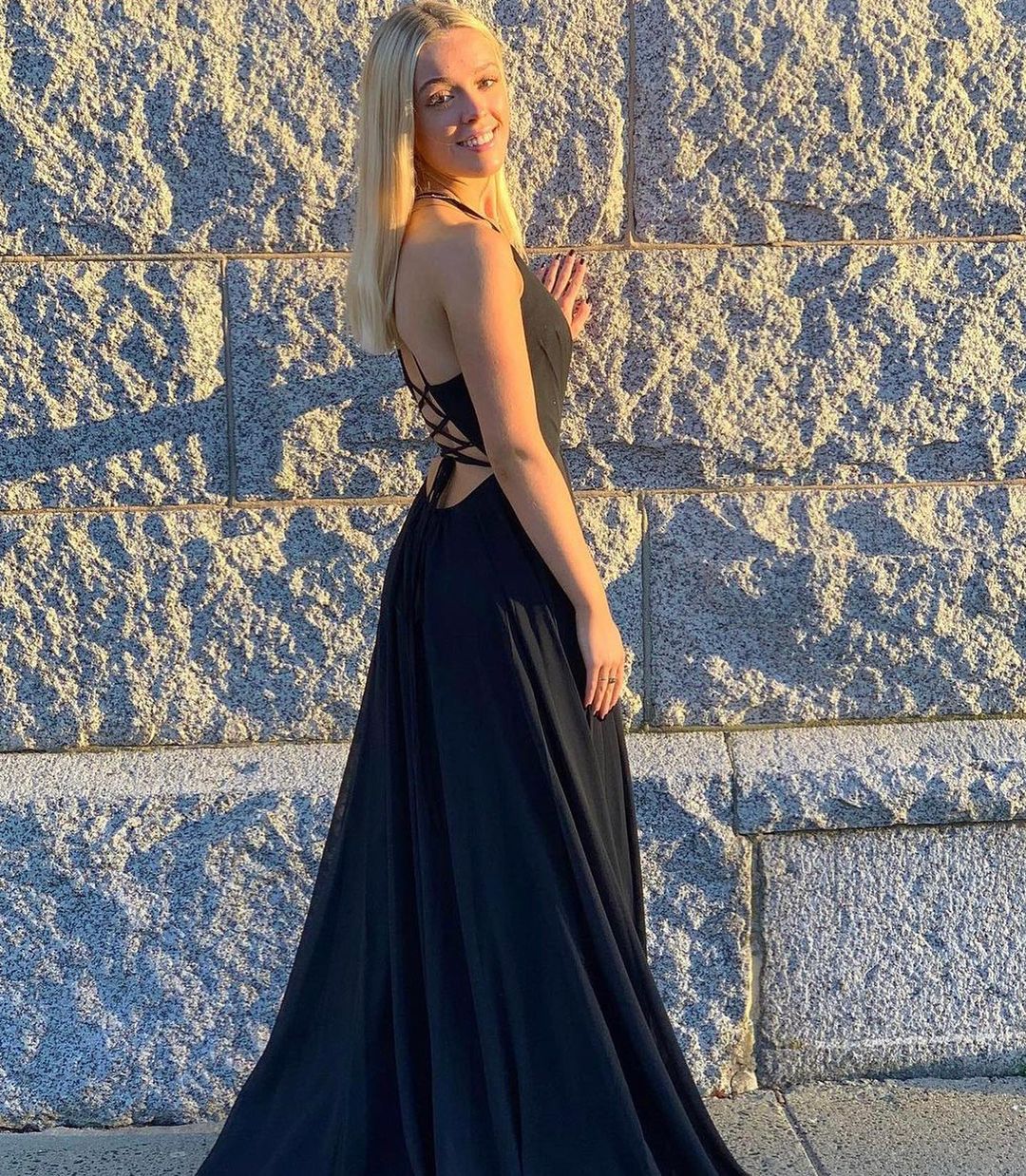 Black A-line V-neck Spaghetti Straps Backless Long Prom Dress with Slit