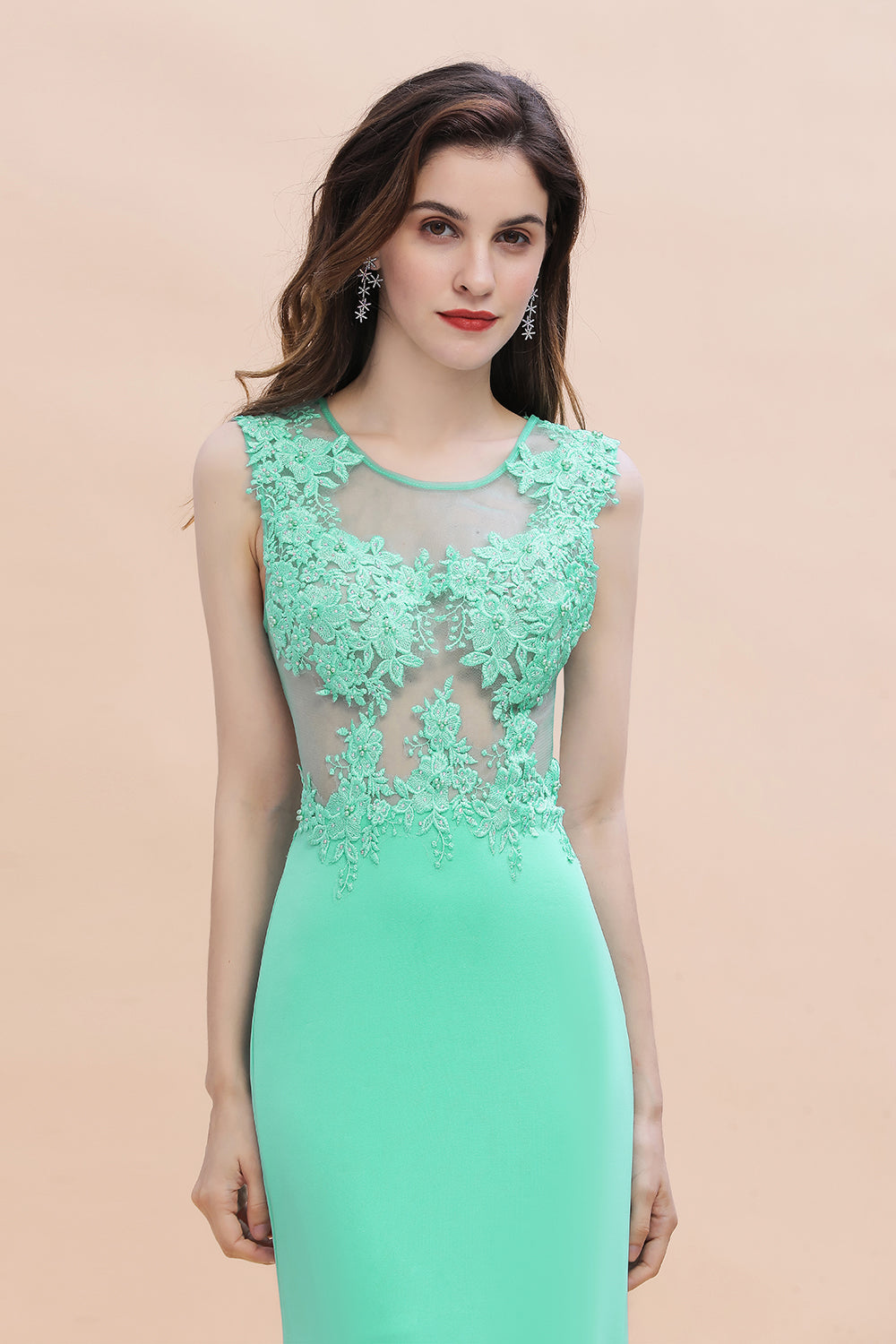 Charming Satin Crew Neck Lace Appliques Mermaid Sleeveless Long Bridesmaid Dress