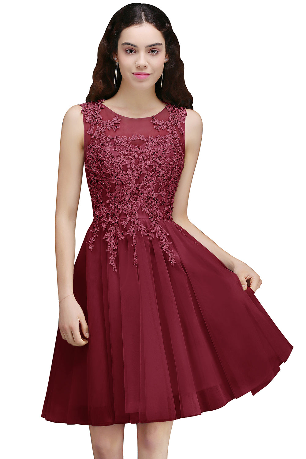 A-line Scoop Neck Tulle Lace Short Homecoming Dress with Appliques Lace