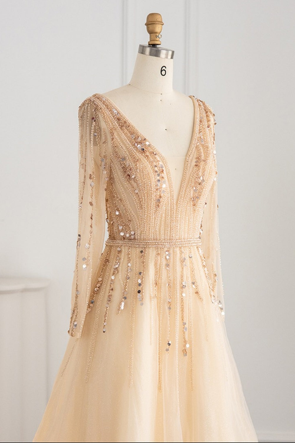 Long A-line V-neck Sequins Beading Tulle Formal Prom Dresses with Sleeves
