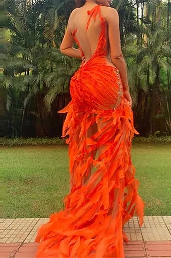 High Low Orange Mermaid One Shoulder Tulle Backless Prom Dress